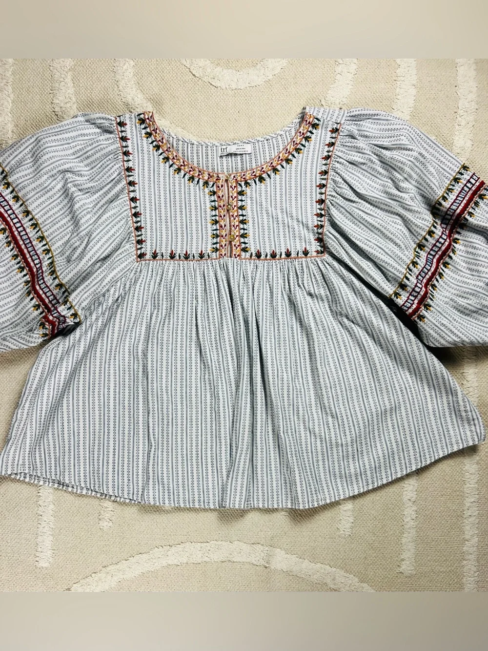 Zara TRF Embroidered Striped Peasant Blouse – Boho Blue & White – XL